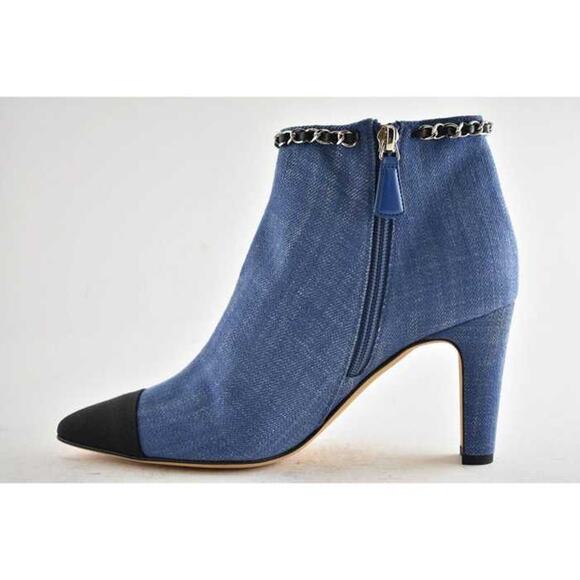 Chanel 20C Blue Denim Fabric Black Chain CC Logo Short Ankle Heel Boot Bootie 39 - Picture 8 of 11